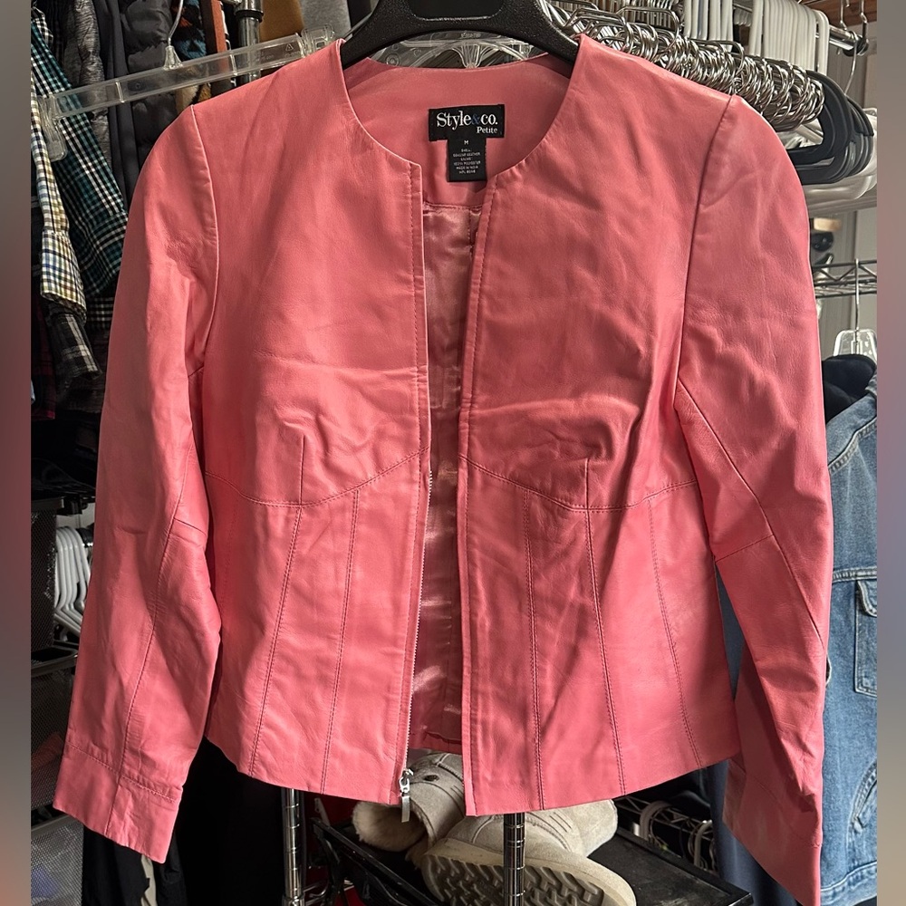 Style & Co. Coral Pink Leather Open-Front Jacket